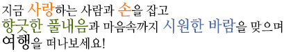 지금 사랑하는 사람과 손을 잡고 향긋한 풀내음과 마음속까지 시원한 바람을 맞으며 여행을 떠나보세요!